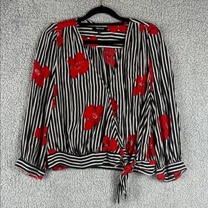 Madewell Striped Floral Long Sleeve V-Neck Wrap Tie Waist Top Size L